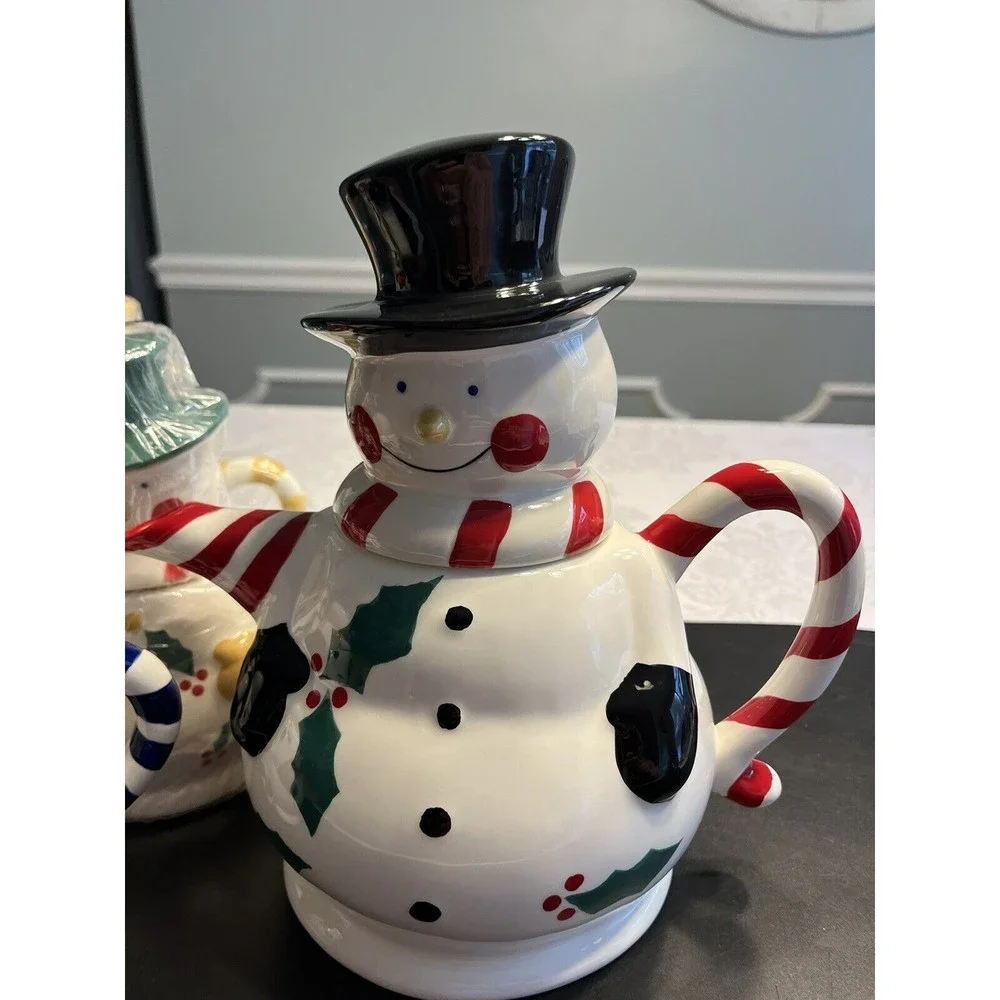 Temptations 5-Piece Snowman Entertaining Tea Set NIB. 48oz Teapot & 4 12oz Mugs
